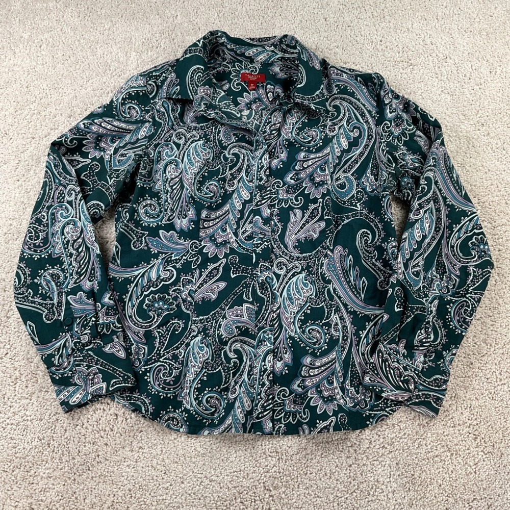 Talbots Haberdashery Womens 8P Petite Teal Green Paisley Button Down Blouse